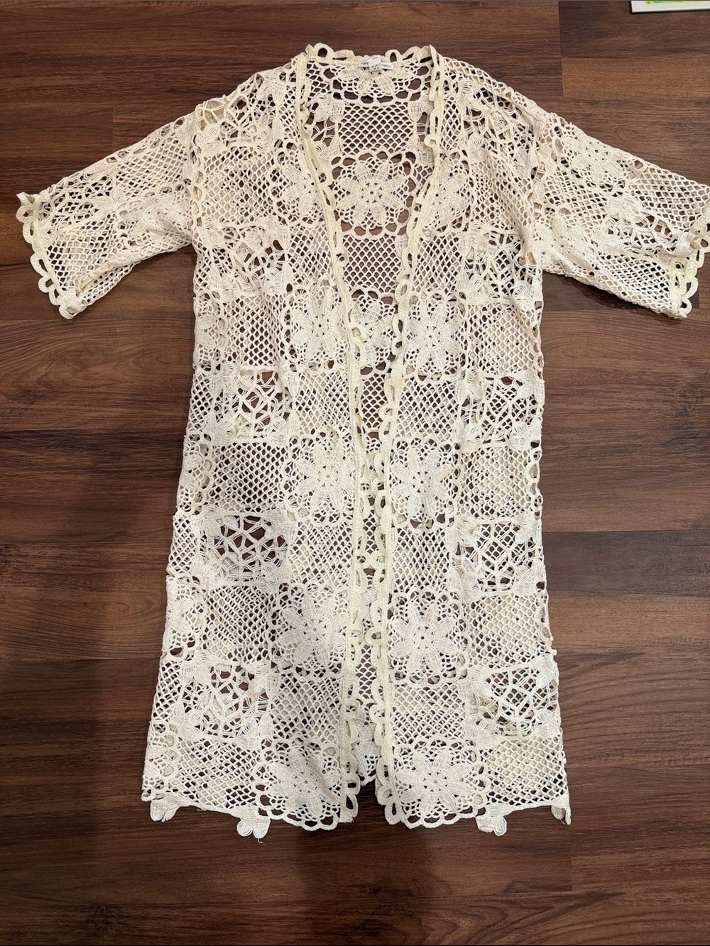 Crochet Open-Front Swim Cover-Up in Cream